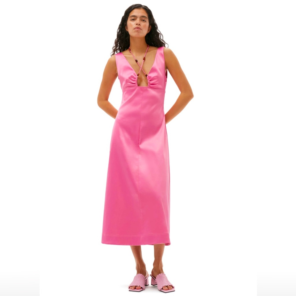 GANNI Pink Wild Orchid Double Satin Halter-Neck Dress